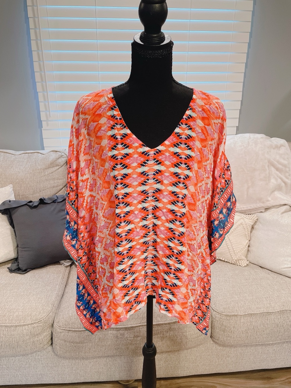 Tolani Orange & Blue 100% Silk Blouse Size Small